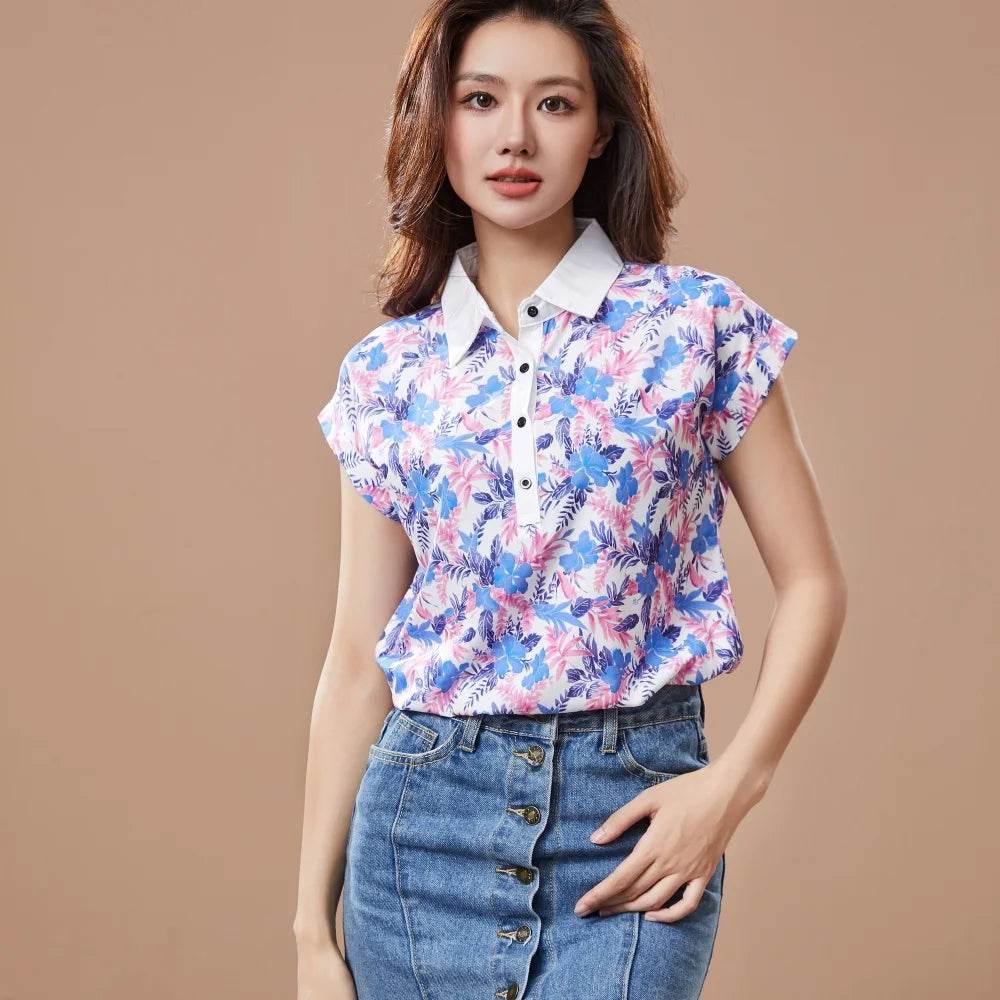 Stylemein - Chiffon Blouse – Spring Summer Casual Short Sleeve Printed Turn-Down Collar Top