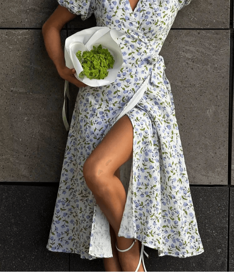 Floral Cotton A-Line Midi Dress – Women’s White Summer Dress with Slits - Stylemein