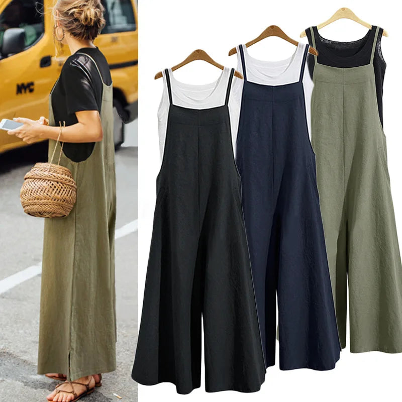 Summer Cotton Linen Jumpsuit – Loose Wide Leg Overalls with Adjustable Straps