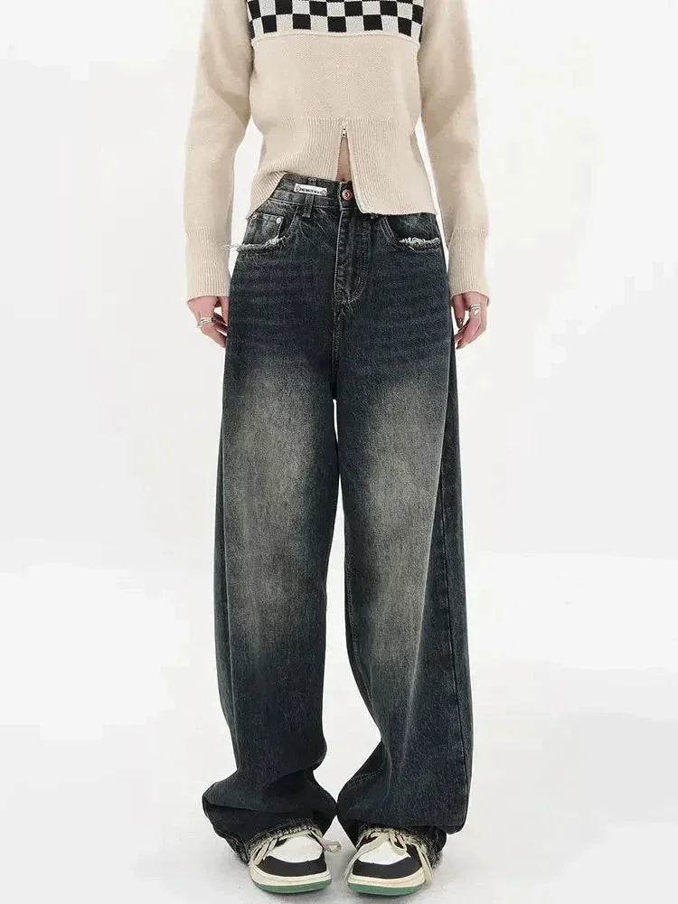 Women's Baggy Straight Leg Jeans: Deep Blue High Waisted Vintage Denim for Fall - Stylemein