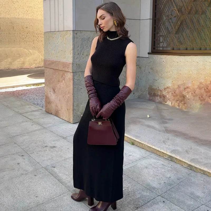 Stylemein - Elegant Knitted Two-Piece Set for Women – Turtleneck Vest & Slim Skirt