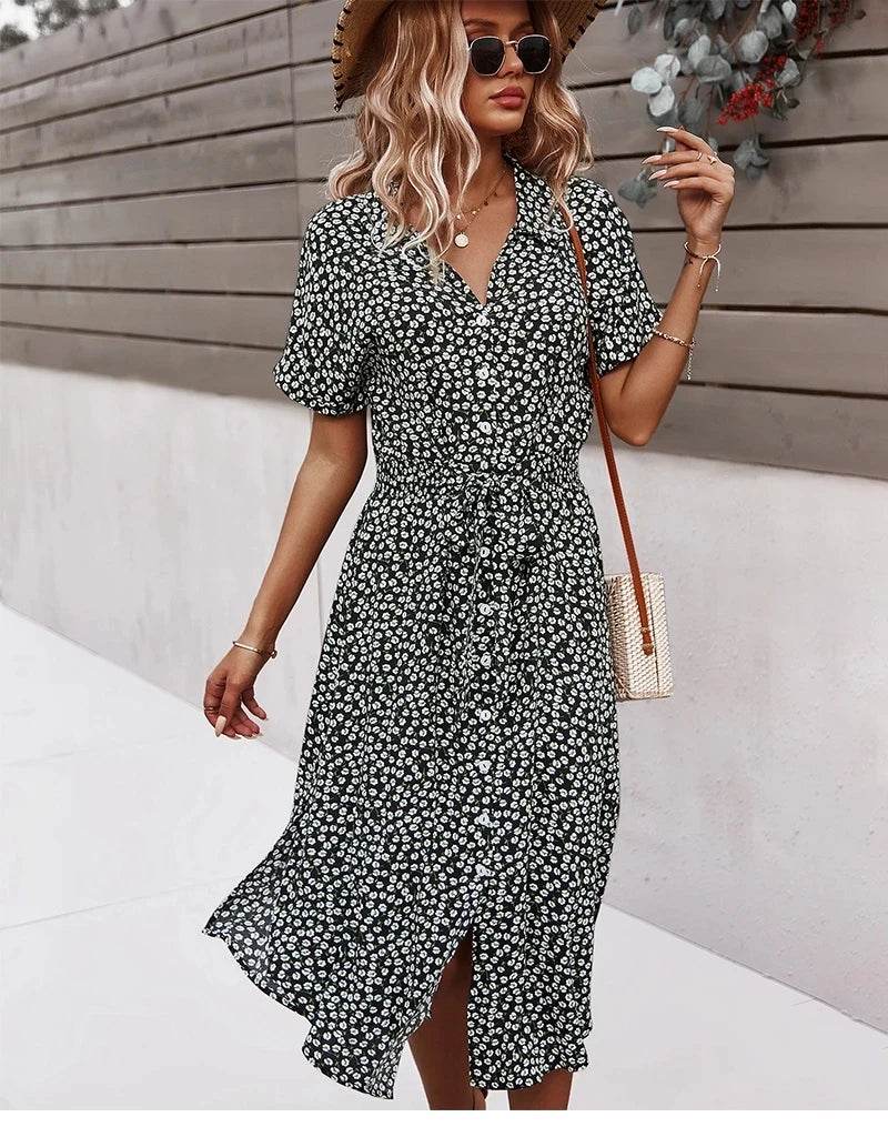 Floral V-Neck Midi Dress – Summer Casual Short Sleeve Dress - Stylemein