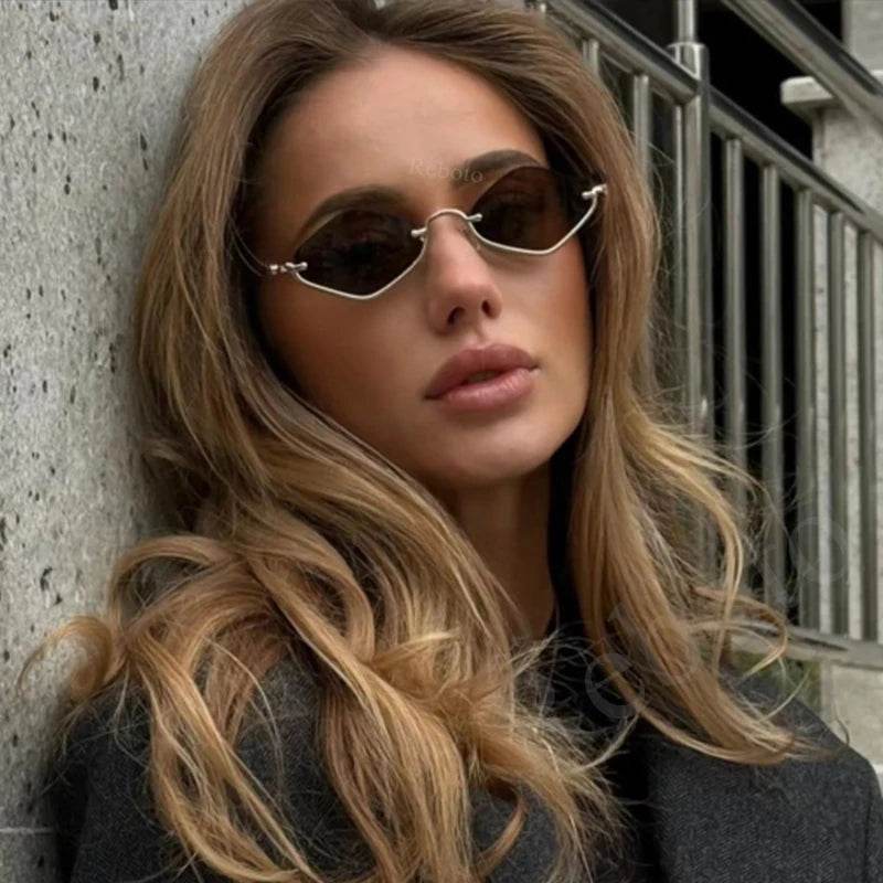 Stylemein - Small Polygonal Sunglasses for Women – Vintage Metal Half Frame Cat Eye Shades