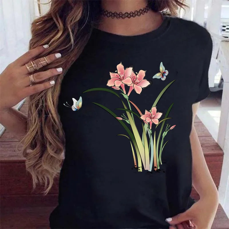Women’s Butterfly Tree Print Harajuku T-Shirt – Black Round Neck Summer Casual Top