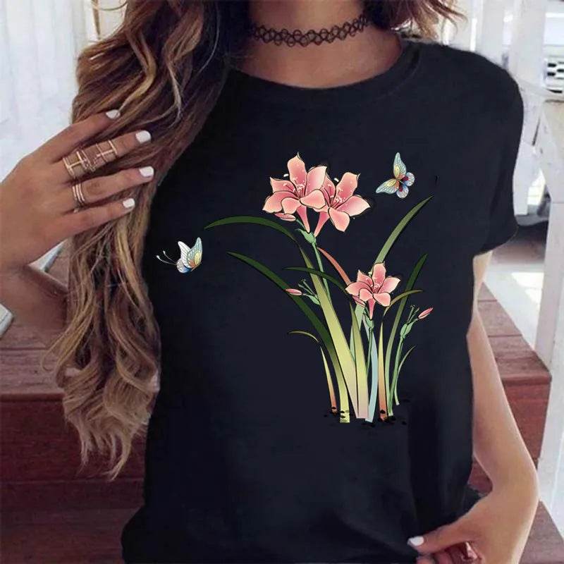 Stylemein - Women’s Butterfly Tree Print Harajuku T-Shirt – Black Round Neck Summer Casual Top