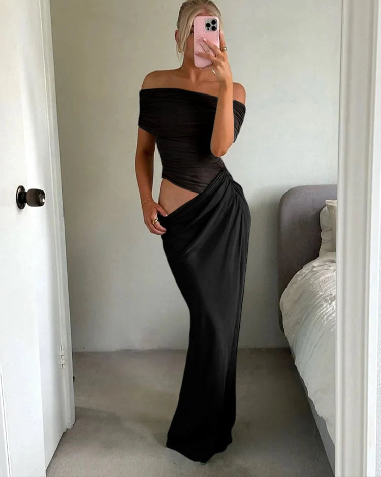 Ruched Irregular Mesh Patchwork Dress – Women's Slash Neck Bodycon Outfit