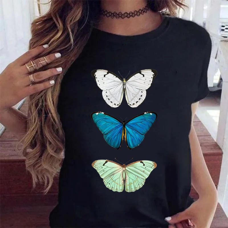 Women’s Butterfly Tree Print Harajuku T-Shirt – Black Round Neck Summer Casual Top