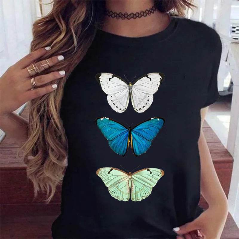 Stylemein - Women’s Butterfly Tree Print Harajuku T-Shirt – Black Round Neck Summer Casual Top