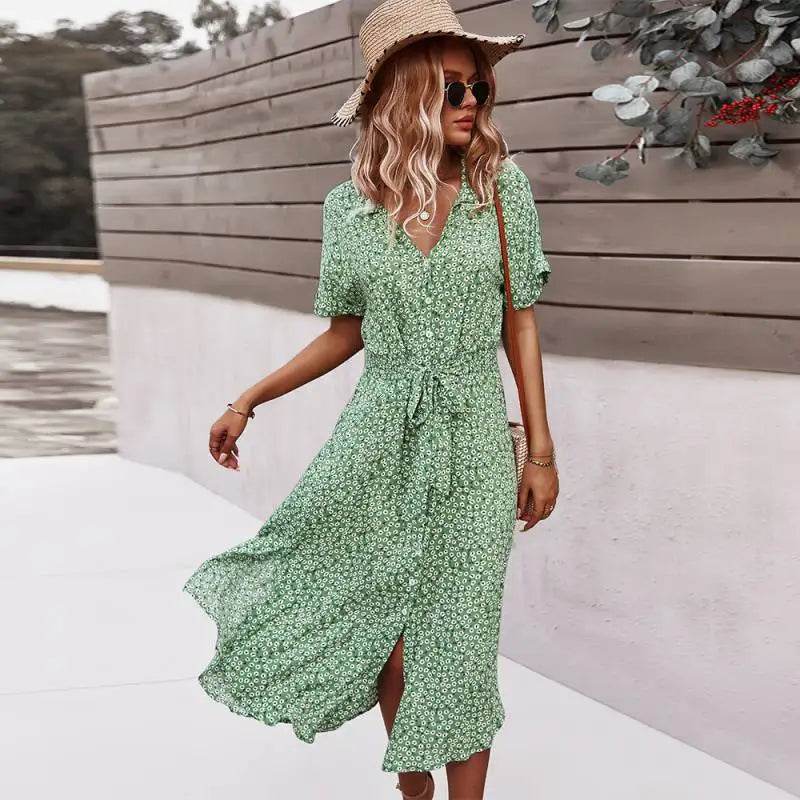 Floral V-Neck Midi Dress – Summer Casual Short Sleeve Dress - Stylemein