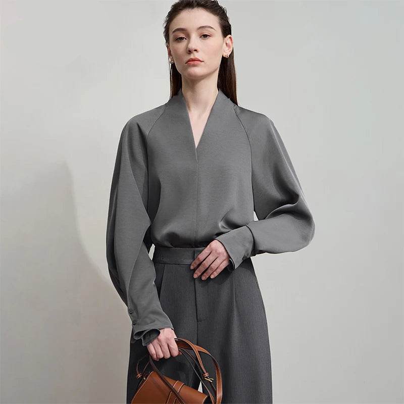 Stylemein - Elegant V-Neck Blouse – Loose Long Sleeve Autumn Top