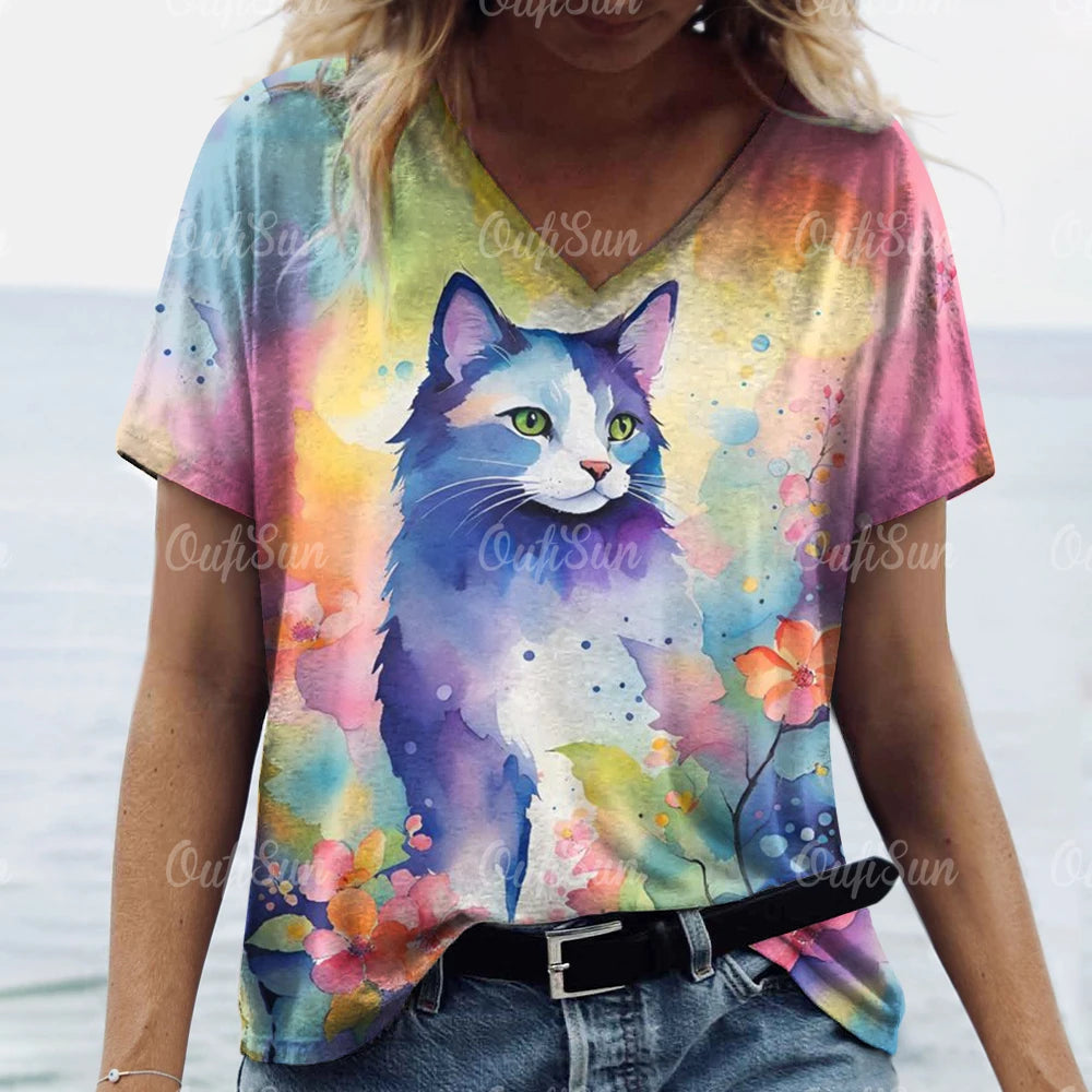Women’s Oversized Cat Print T-Shirt – Casual Summer Streetwear Top
