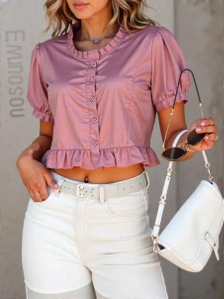 Korean-Inspired Ruffle Chiffon Blouse – Cute Cropped Short Sleeve Feminine Chic Shirt for Women - Stylemein