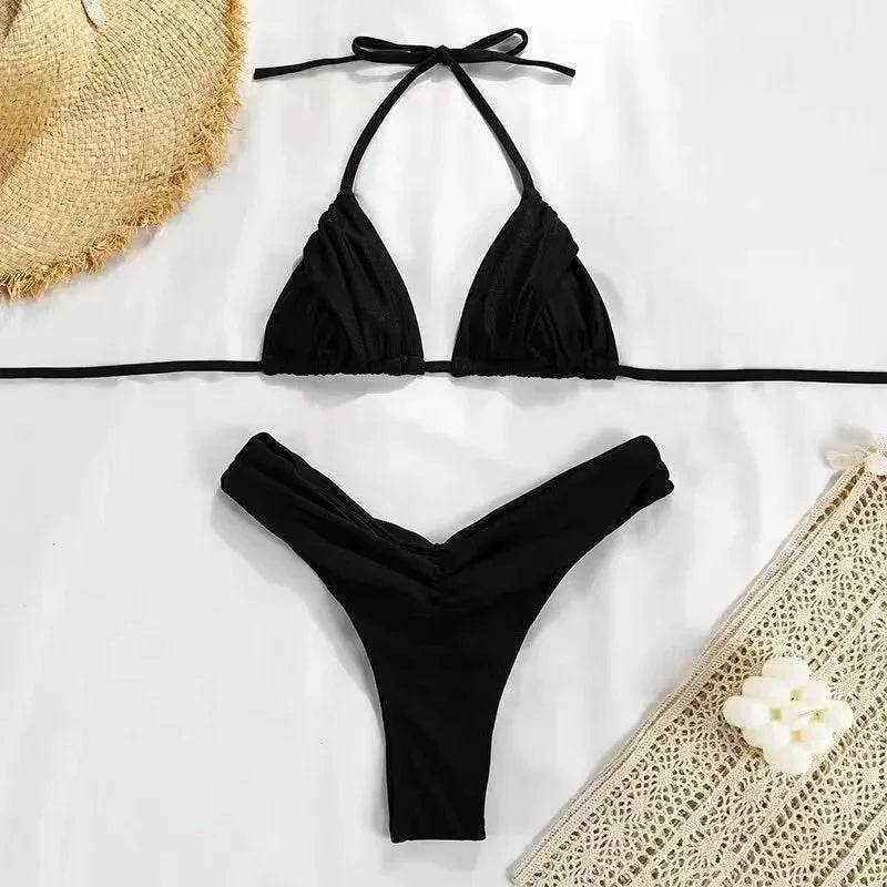 Micro Bikinis Women Halter Brazilian Bikini Set Female Pleated Swimsuit New Triangle Swimwear Beach Wear Bathing Suit - Stylemein