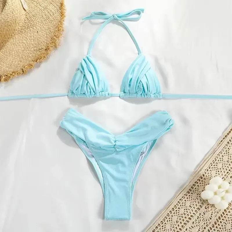 Micro Bikinis Women Halter Brazilian Bikini Set Female Pleated Swimsuit New Triangle Swimwear Beach Wear Bathing Suit - Stylemein