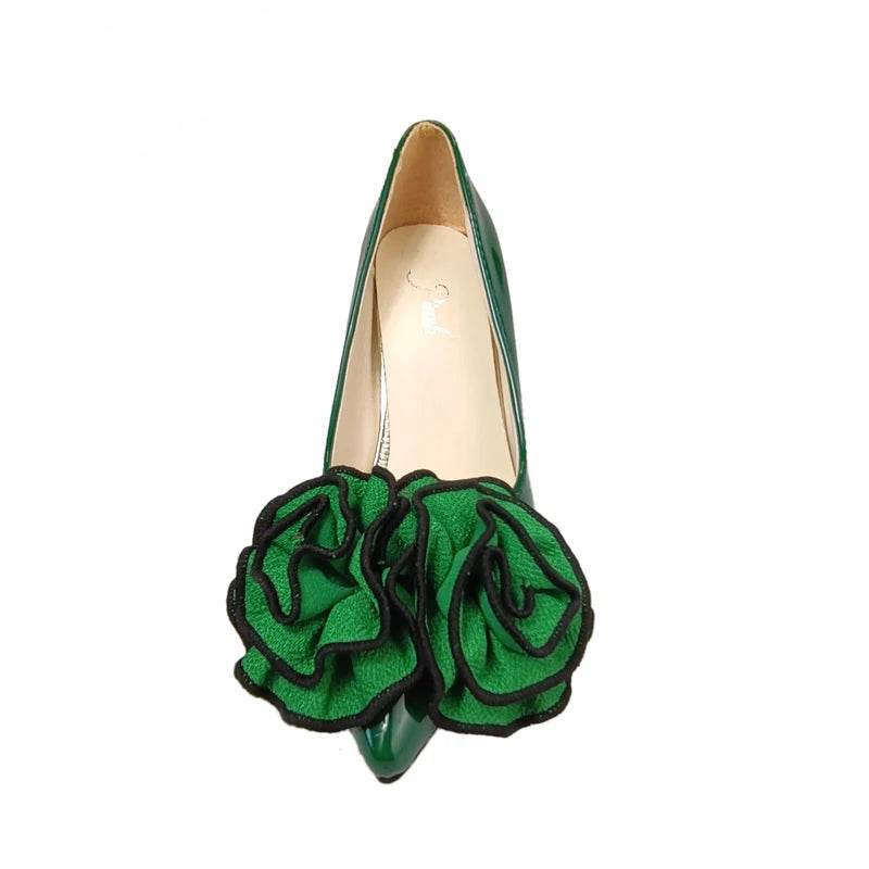 7cm Square Heel Patent Leather Pumps – Dark Green Floral Pointed Toe Shoes - Stylemein