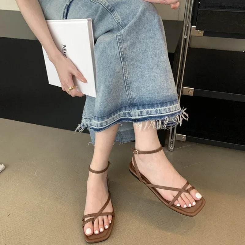 Summer Gladiator Sandals – Women’s Elegant Clip-Toe Flats with Narrow Bands - Stylemein