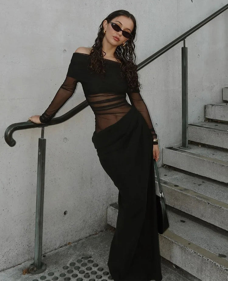 Mesh Ruched Off-Shoulder Maxi Dress – Sexy Sheer Long Sleeve Bodycon Evening Gown for Women