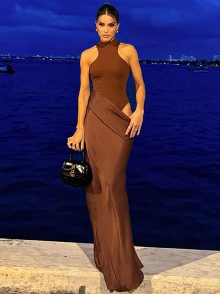 Satin Hollow Out Maxi Dress – Black Sleeveless High Waist Elegant Party Dress for Women - Stylemein