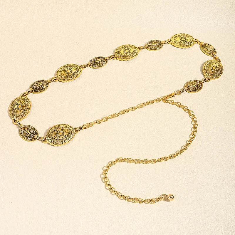 Vintage Circle Carved Metal Waist Chain: Retro Decorative Belt for Women - Stylemein