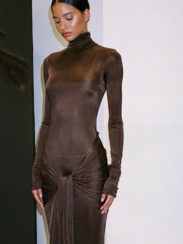 High Neck Long Sleeve Bodycon Maxi Dress for Women - Stylemein