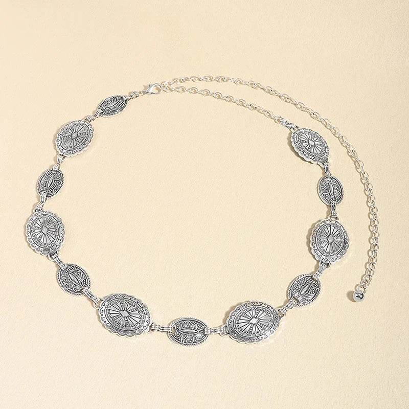 Vintage Circle Carved Metal Waist Chain: Retro Decorative Belt for Women - Stylemein