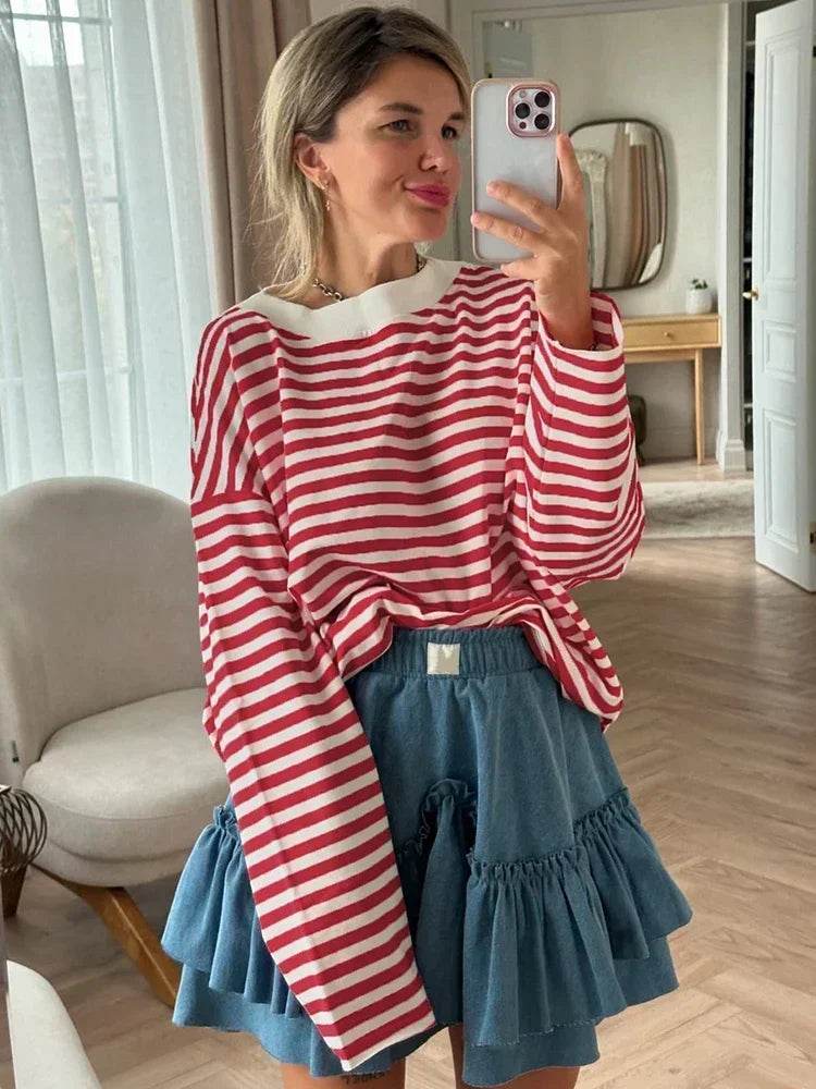 Oversized Striped Cotton T-Shirt – Women’s Long Sleeve Casual Top - Stylemein