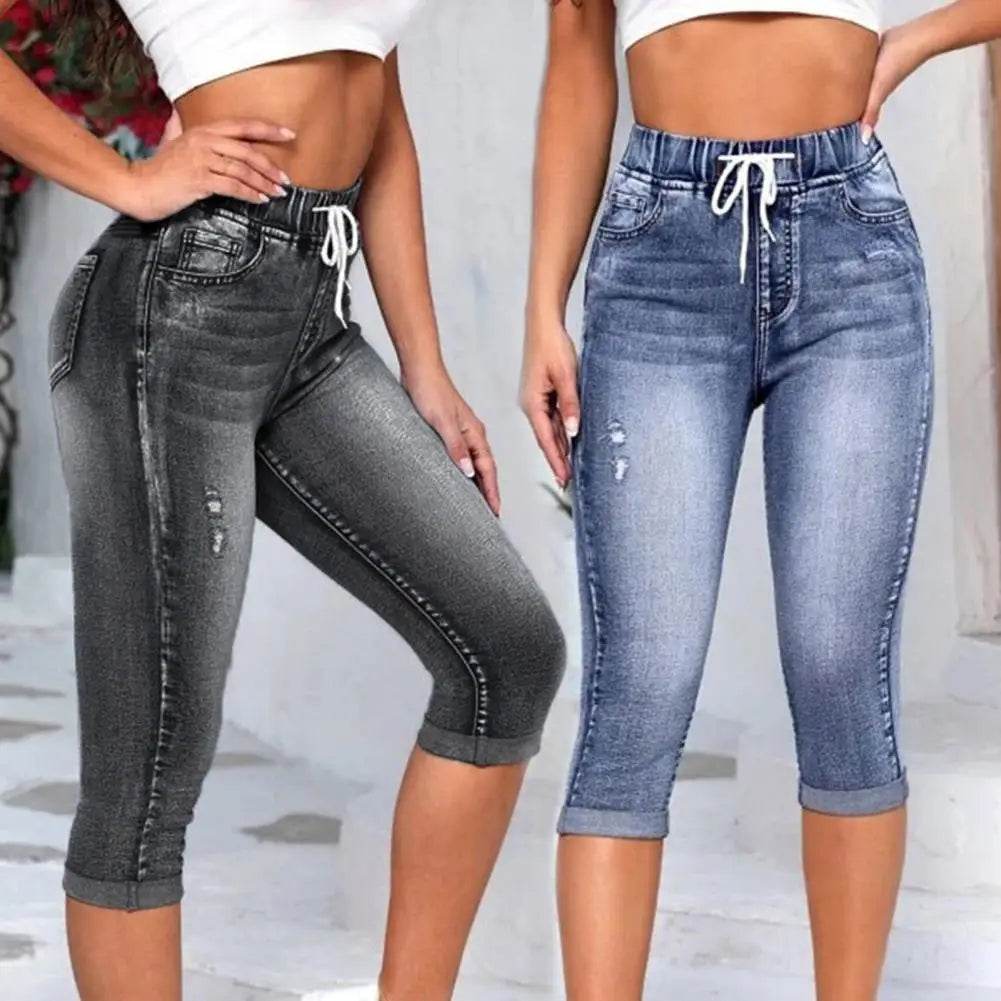 High Waist Calf-Length Jeans – Slim Fit Elastic Denim for Women - Stylemein