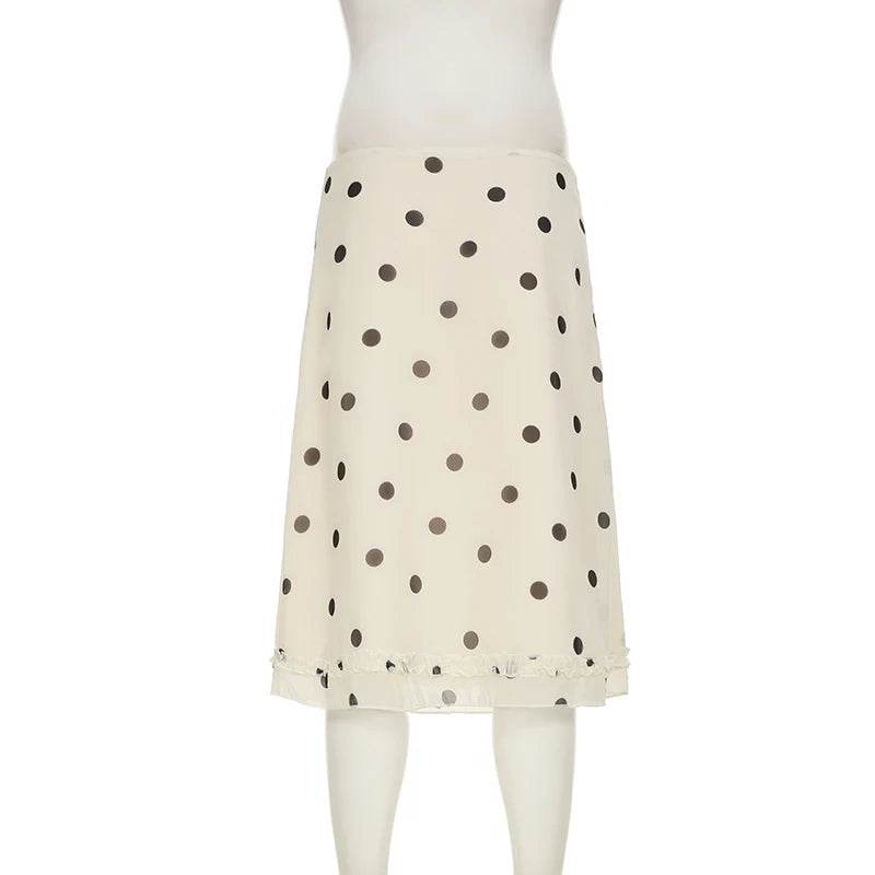 Beige Polka Dot Midi Skirt – Lettuce Trim Elegant A-line Skirt - Stylemein