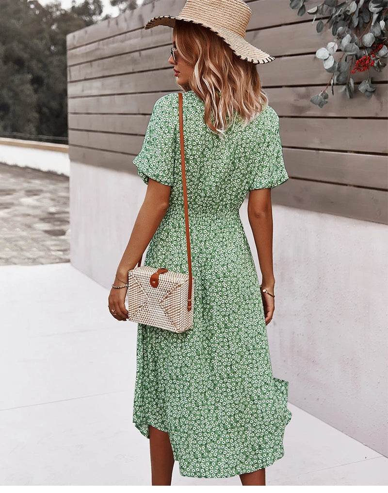 Floral V-Neck Midi Dress – Summer Casual Short Sleeve Dress - Stylemein