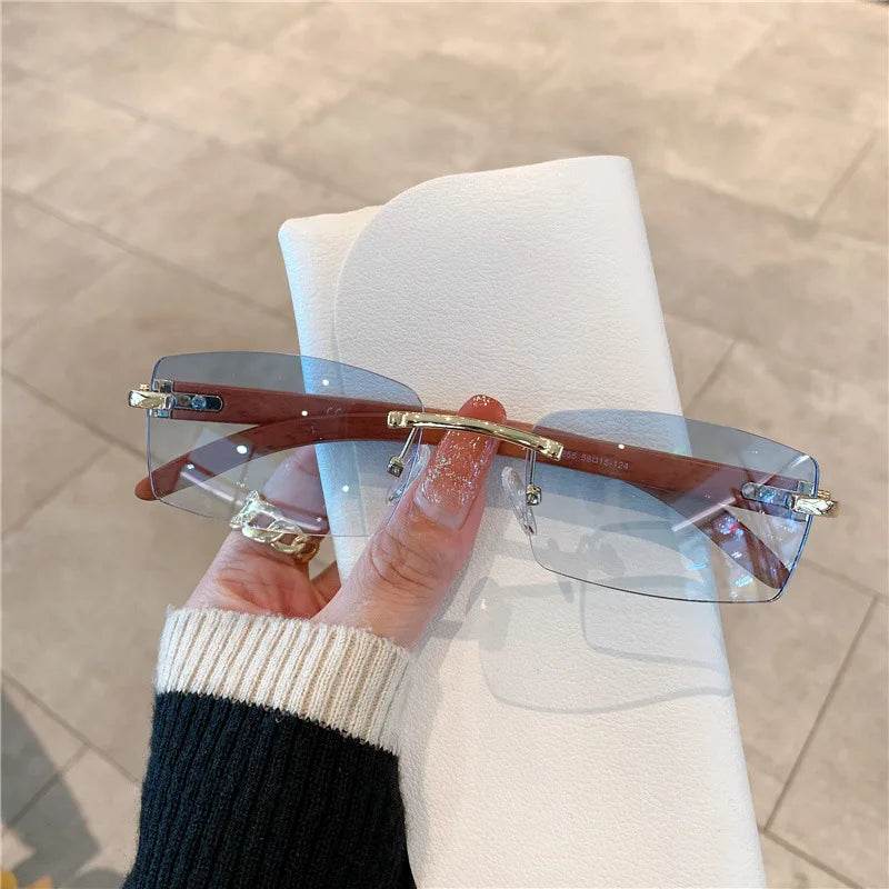 Stylemein - Rimless Wooden Pattern Sunglasses – Retro UV400 Shades for Men & Women