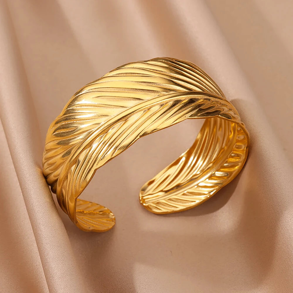 Chunky Gold Flower Cuff Bangle – Stainless Steel Wide Bracelet for Women