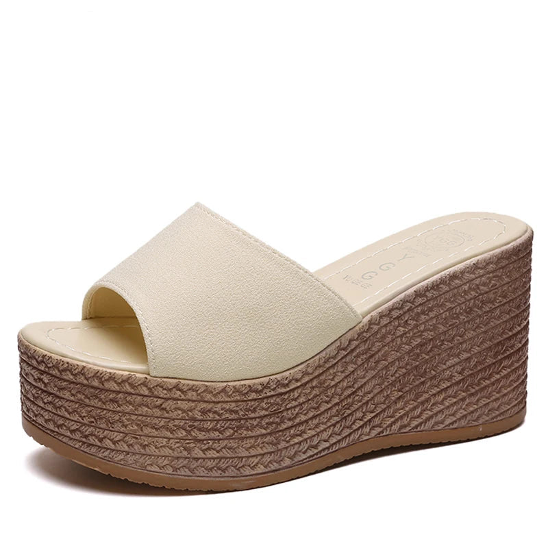 3.5" Wedge Heel Slide Sandals for Women – Cotton Upper, Applique Detail, Beach Platform, Plus Size