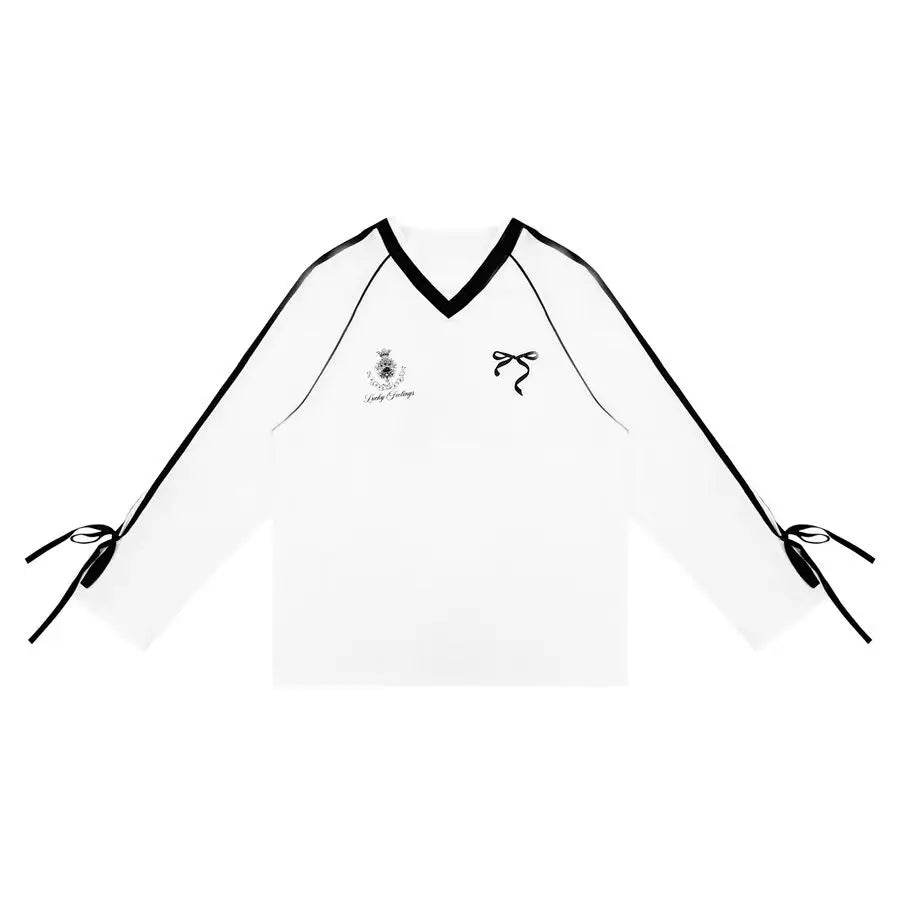Oversized V-Neck Jersey Graphic Tee – Vintage Y2K Long Sleeve Sports Top for Women - Stylemein