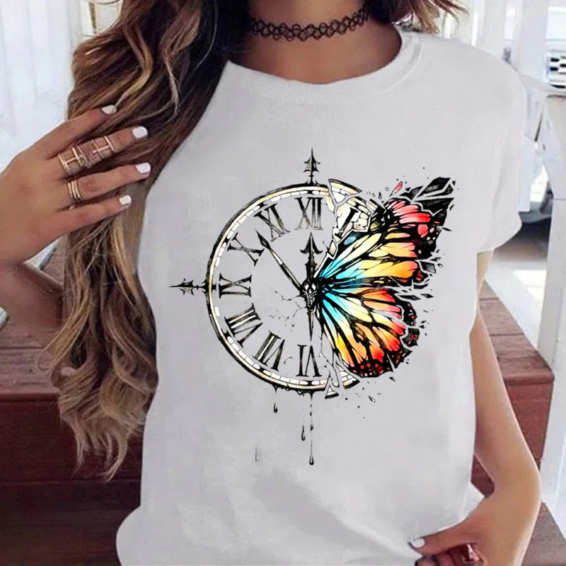 Women’s Butterfly Tree Print Harajuku T-Shirt – Black Round Neck Summer Casual Top