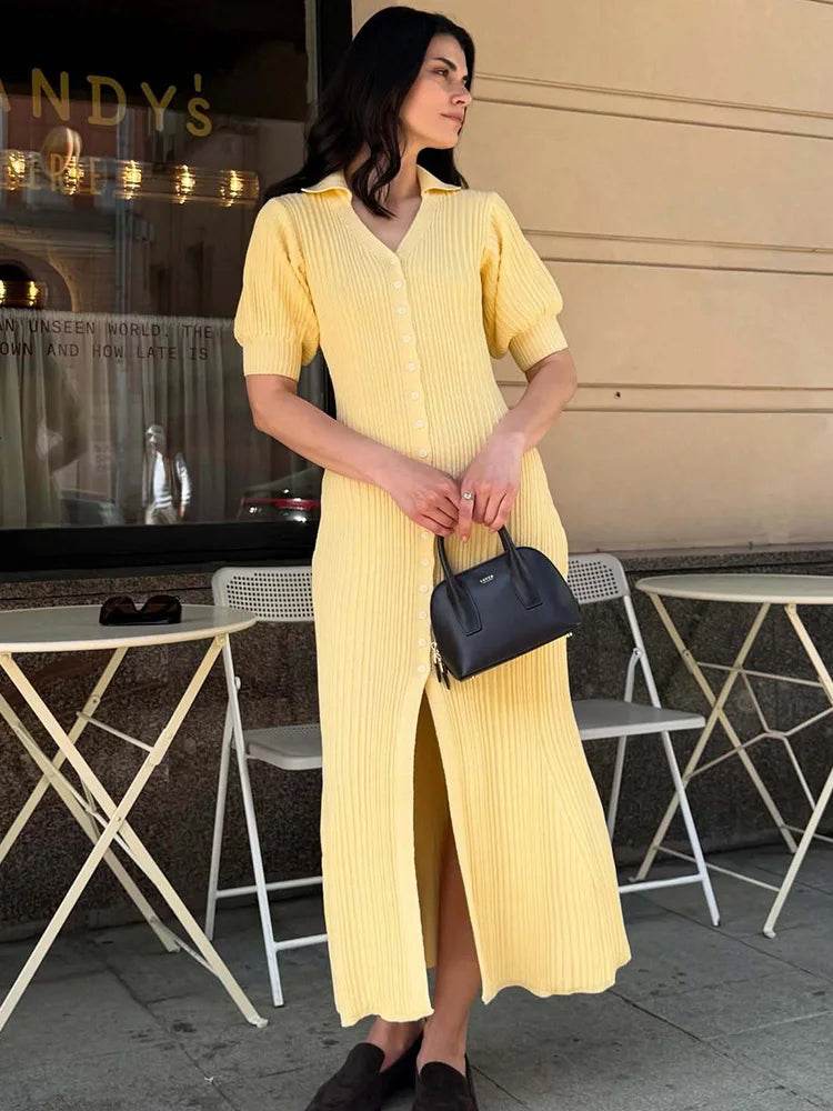 Women’s Knit Maxi Dress – Slit Long Cardigan Patchwork Dress - Stylemein