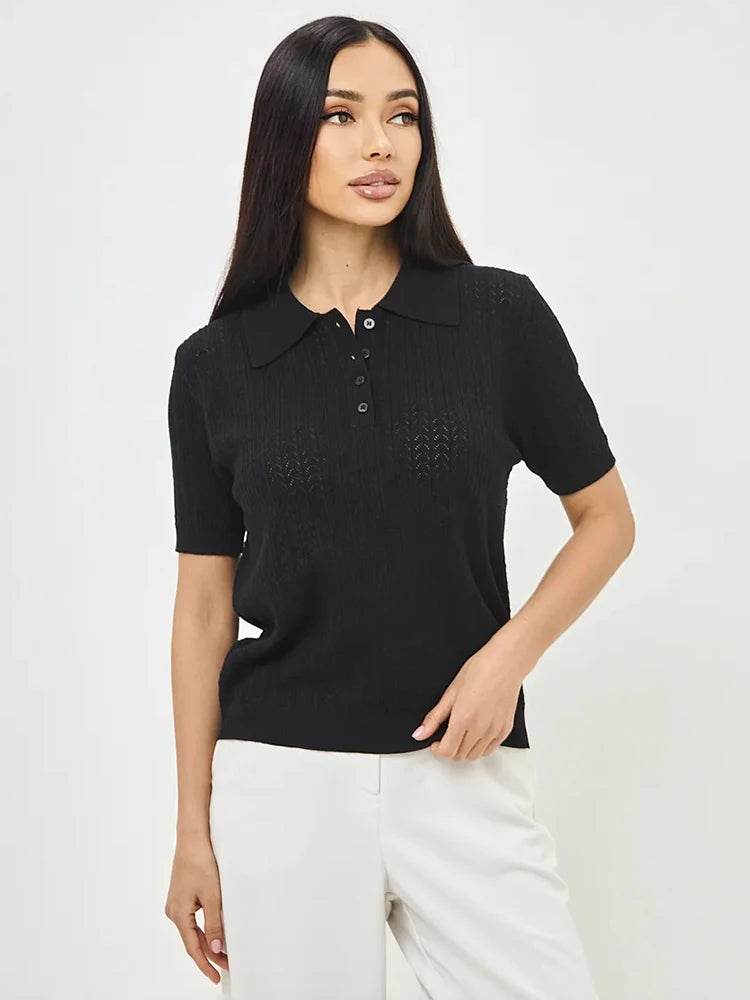 Short Sleeve Knit T-Shirt – Casual Lapel Pullover Top for Women - Stylemein