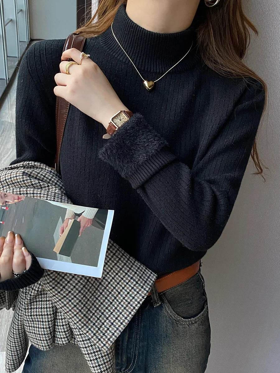 Velvet-Lined Thermal Turtleneck – Retro Red Knitted Winter Sweater - Stylemein