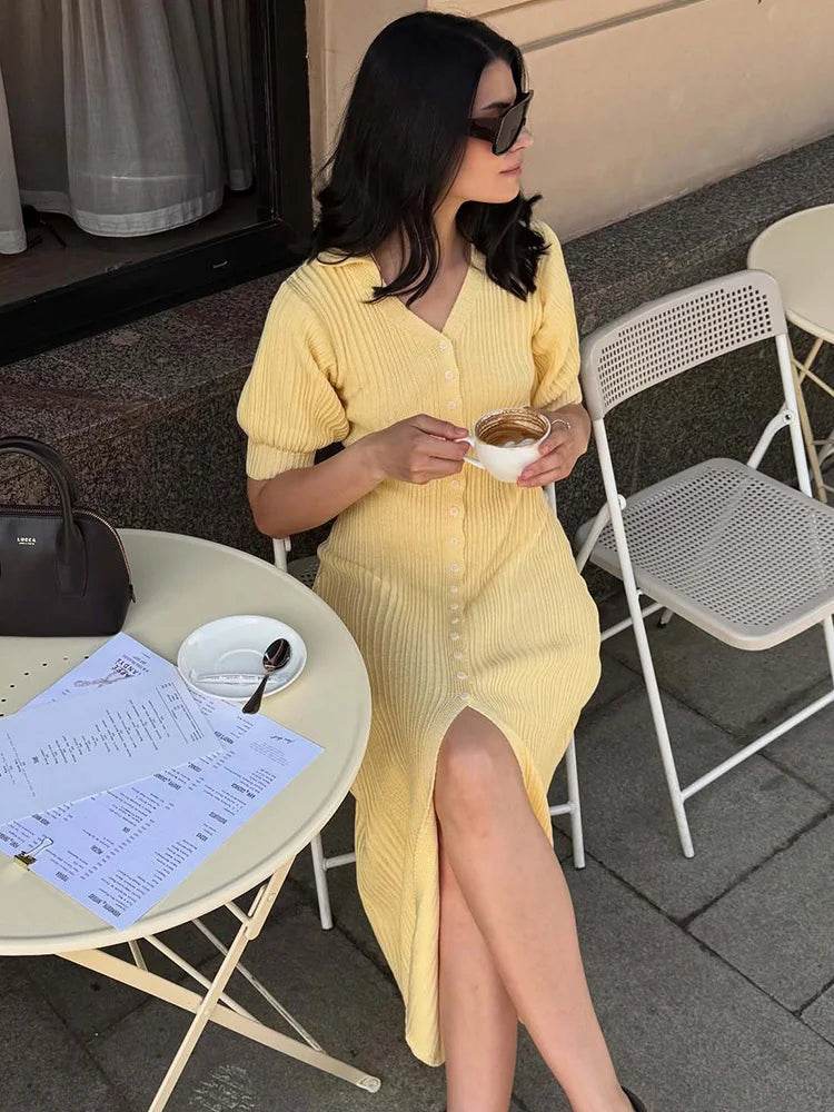 Women’s Knit Maxi Dress – Slit Long Cardigan Patchwork Dress - Stylemein