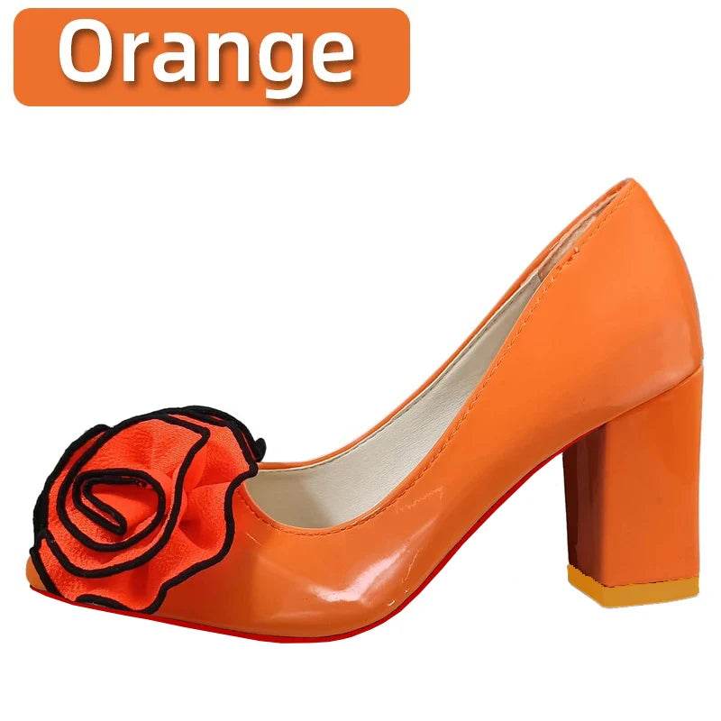 7cm Square Heels – Orange Rose Flower Pumps, Pointed Toe Dress Shoes, Size 30–50 - Stylemein