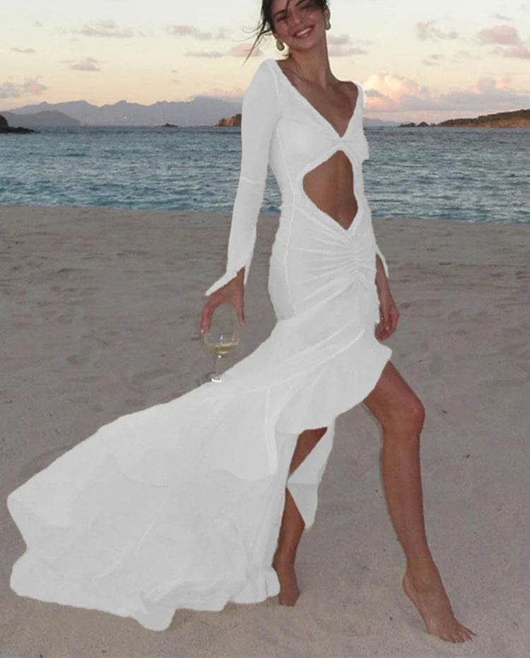 Mesh Long Sleeve Cut-Out Dress – Elegant Asymmetrical Shirred Holiday Party Outfit for Women