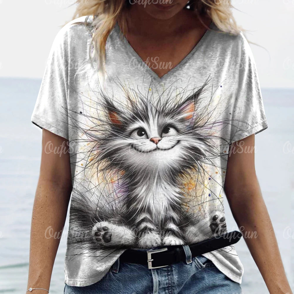 Women’s Oversized Cat Print T-Shirt – Casual Summer Streetwear Top