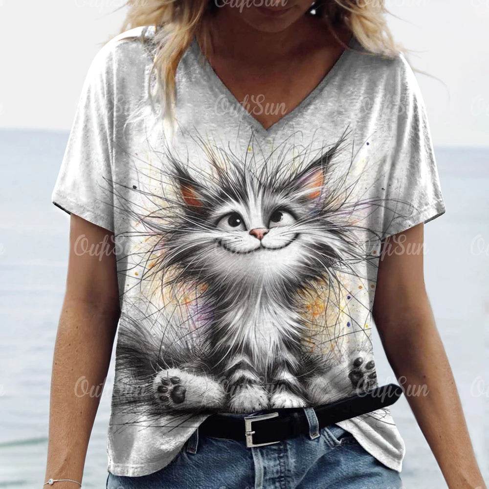 Stylemein - Women’s Oversized Cat Print T-Shirt – Casual Summer Streetwear Top