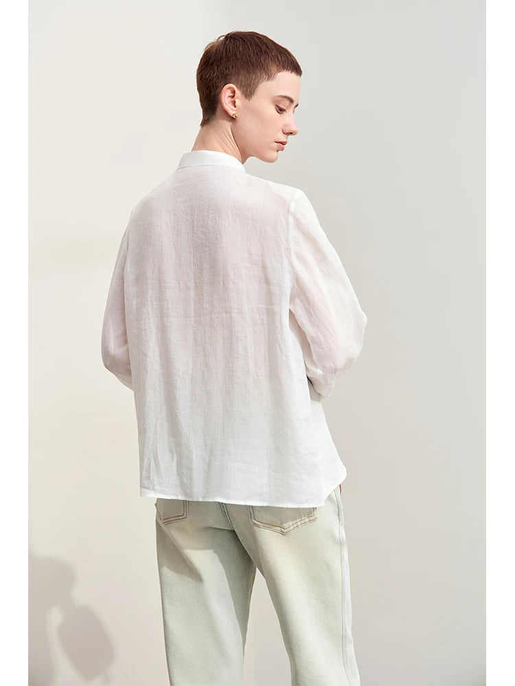 Women’s Stand Collar Shirt – Minimalist Lace Shell Button Autumn Blouse