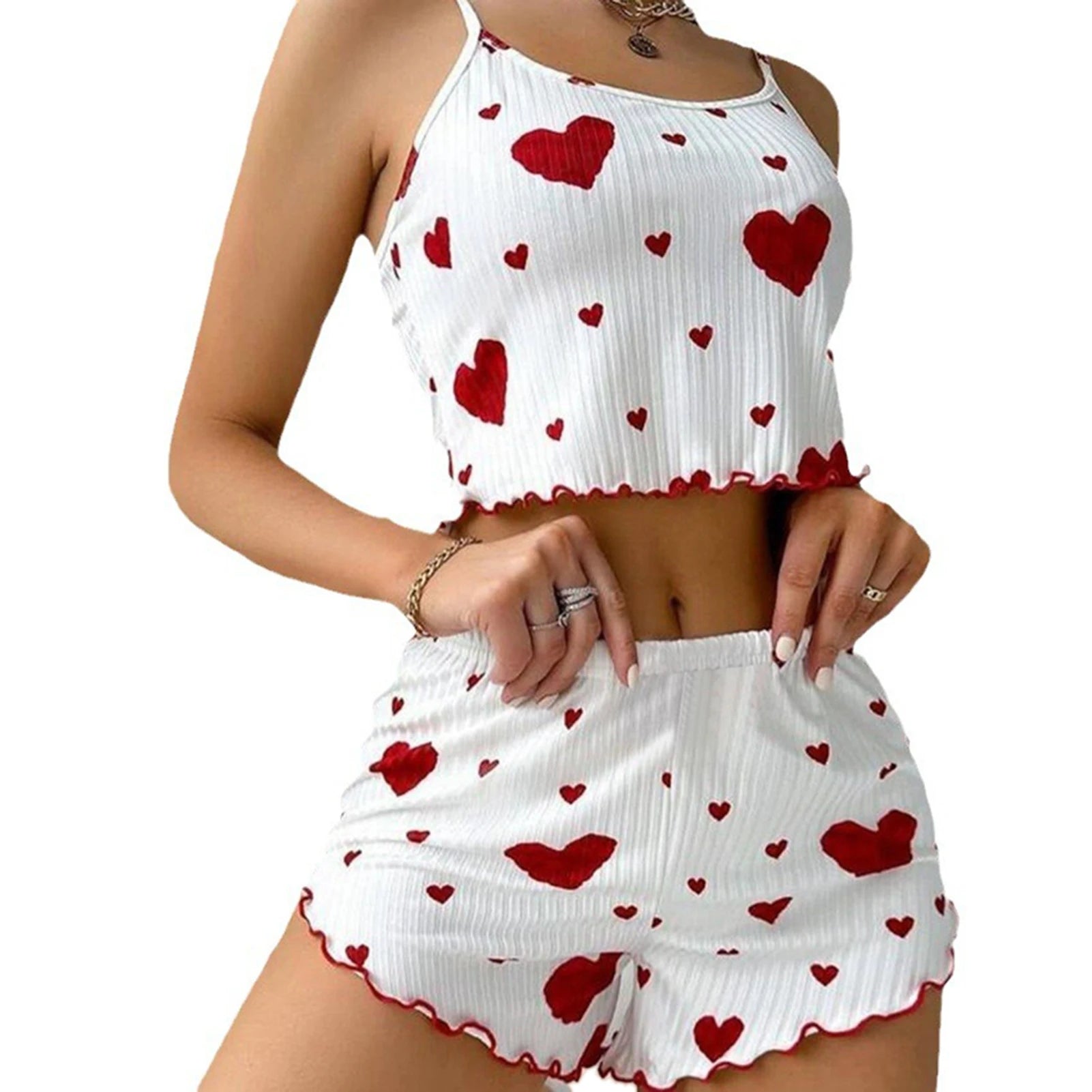 Women’s 2-Piece Pajama Set – White Love Print Tank Top & Shorts Sleepwear