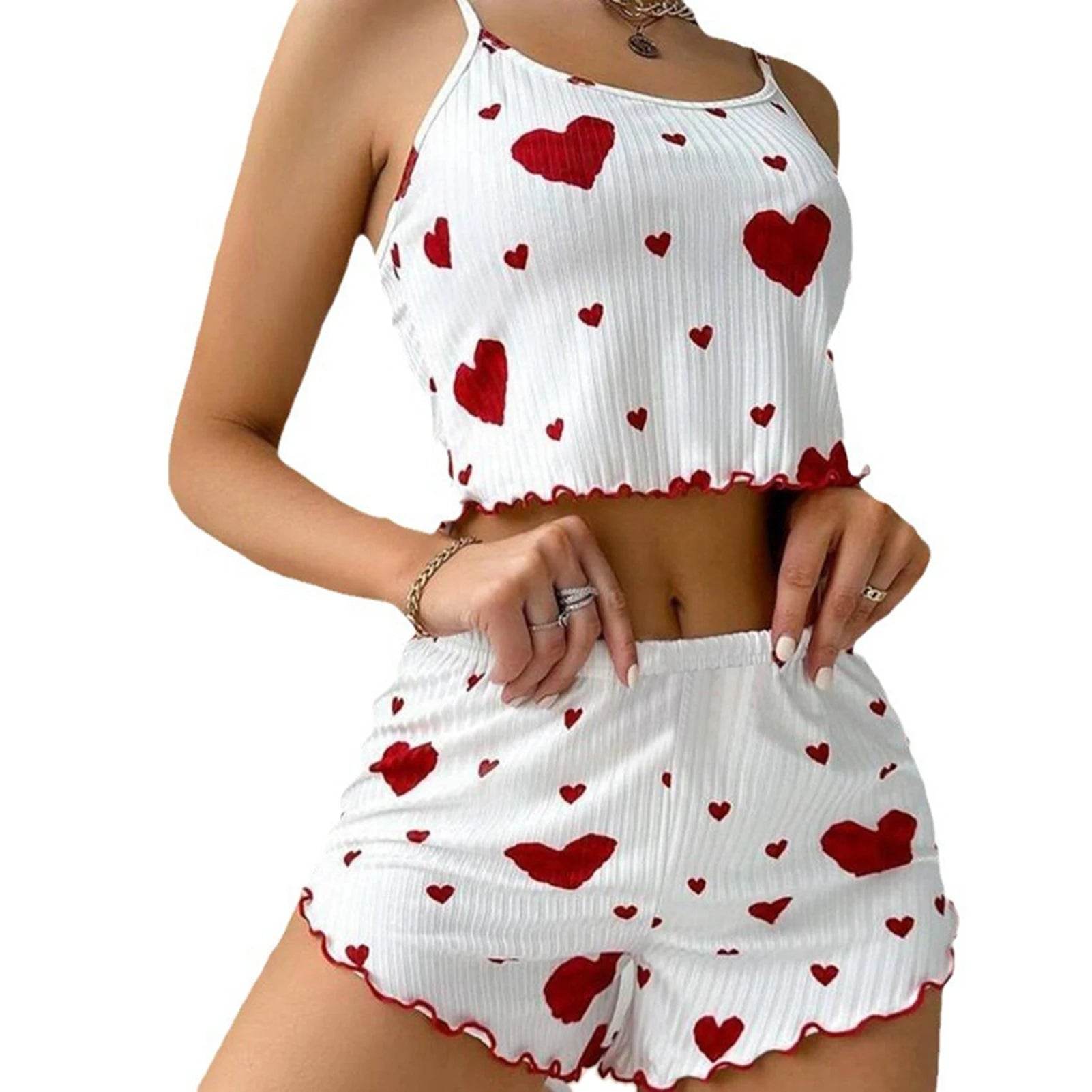 Stylemein - Women’s 2-Piece Pajama Set – White Love Print Tank Top & Shorts Sleepwear