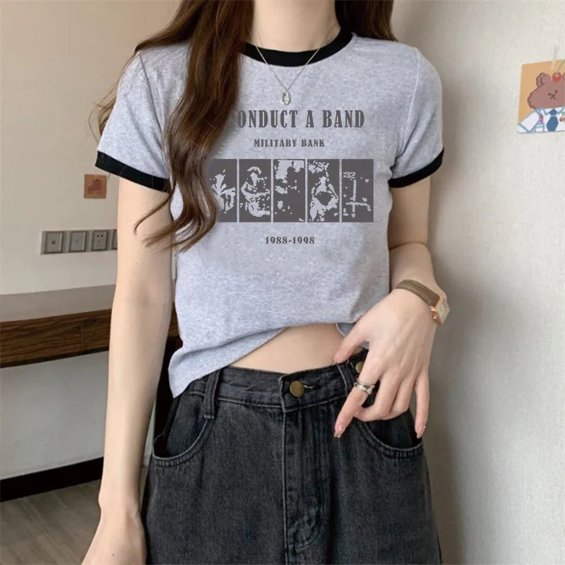 Retro Letter Print T-Shirt – Slim Fit Casual Top