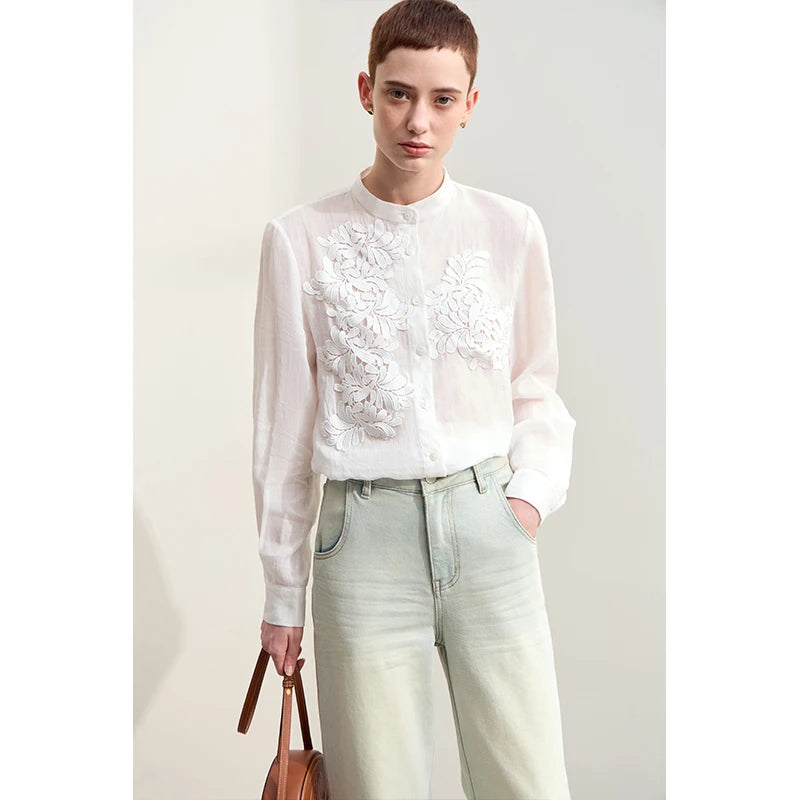 Women’s Stand Collar Shirt – Minimalist Lace Shell Button Autumn Blouse