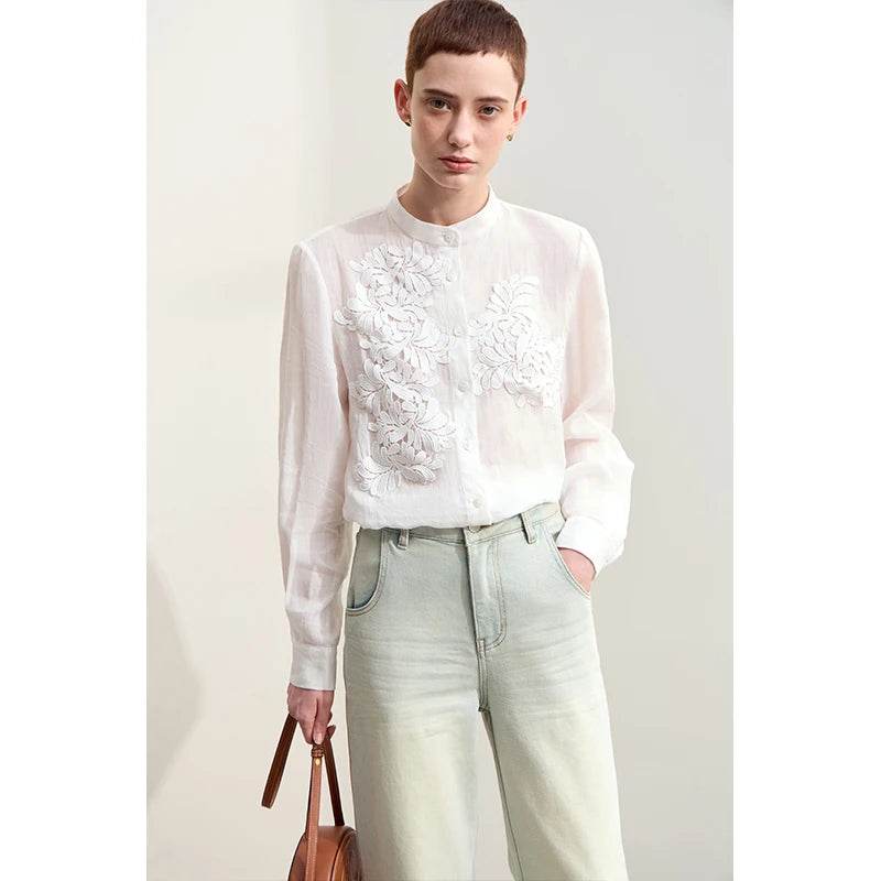 Stylemein - Women’s Stand Collar Shirt – Minimalist Lace Shell Button Autumn Blouse