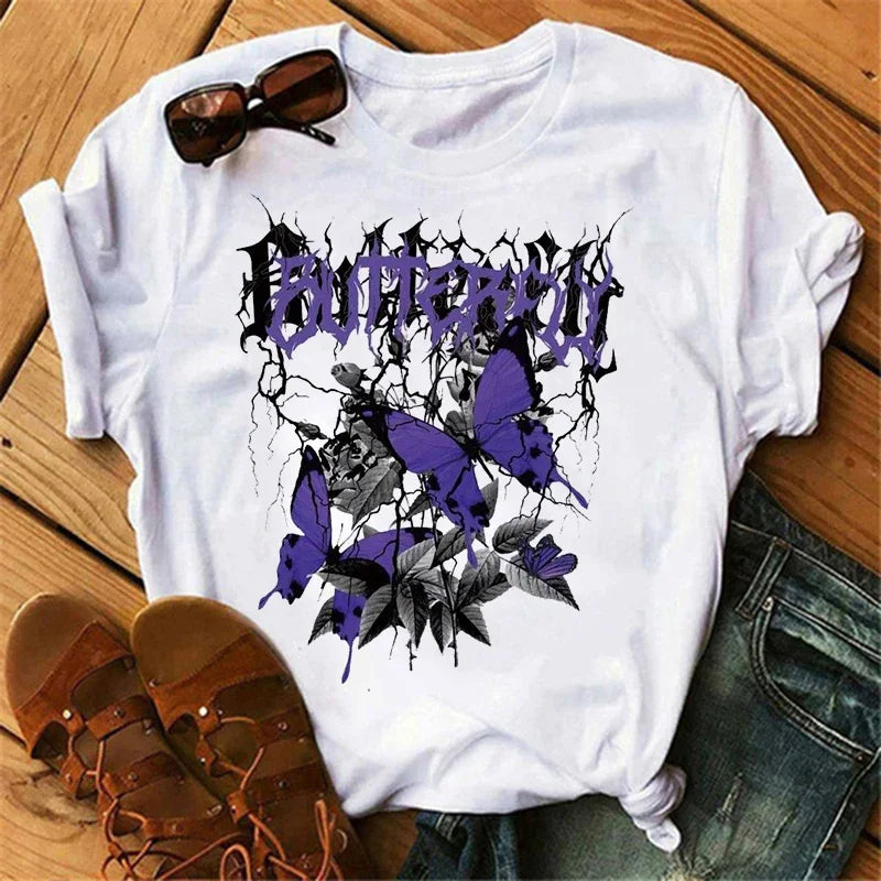 Gothic Butterfly Tree Print Harajuku T-Shirt – Women’s Round Neck Summer Casual Top