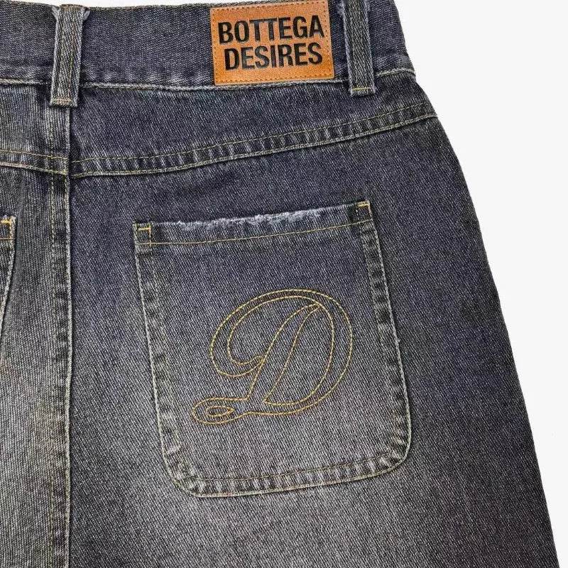 Y2K Embroidered Baggy Jeans – Washed Vintage Denim with Tassels - Stylemein